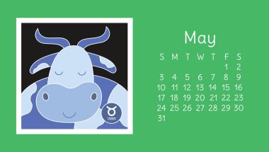 May 2020. Calendar. Zodiac sign: taurus. Vector horoscope. Astrological calender. Color design