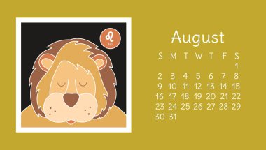 August 2020. Calendar. Zodiac sign: leo. Vector horoscope. Astrological calender. Color design