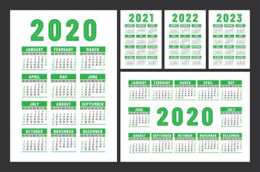 Calendar 2020, 2021, 2022 and 2023. English color vector set. Wall or pocket calender template. Design collection. New year. Week starts on Sunday