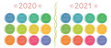 2020, 2021 calendar set. Colorful kid's sketch doodle style. Color round hand drawn frames