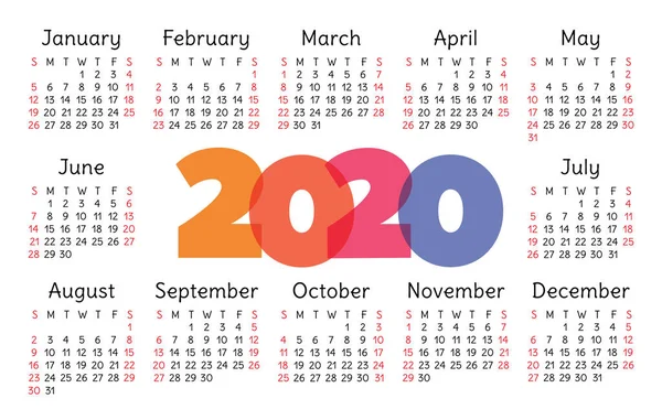 Calendário 2020 Vetor Bolso Grade Básica Modelo Design Simples — Vetor de Stock