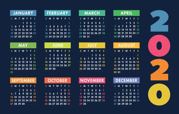 Calendario 2020 Vector Bolsillo Rejilla Básica Plantilla Diseño Simple — Archivo Imágenes Vectoriales