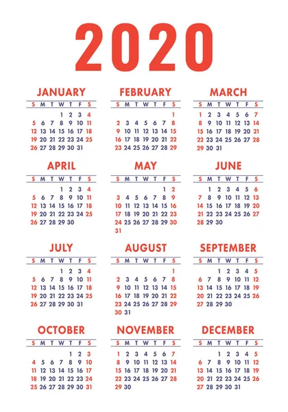 Календарь 2020 Года Шаблон Векторного Дизайна Английский Вертикальный Карманный Календарь — стоковый вектор