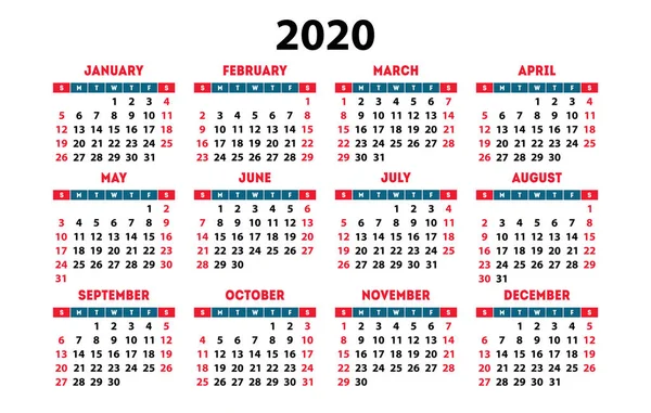 Calendario 2020 Vector Bolsillo Rejilla Básica Plantilla Diseño Simple — Vector de stock