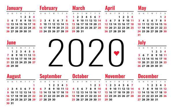 Calendar 2020 vector pocket basic grid. Simple design template