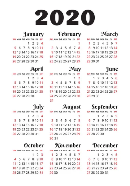 Календарь 2020 Года Шаблон Векторного Дизайна Английский Вертикальный Карманный Календарь — стоковый вектор