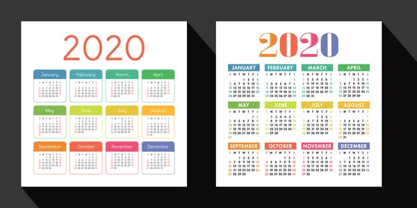 Calendario 2020 Anno Stabilito Modello Progettazione Vettoriale Inglese Tasca Quadrata — Vettoriale Stock