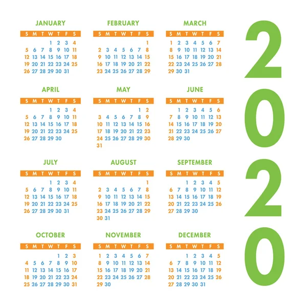 Календарь 2020 Года Шаблон Векторного Дизайна Цвет Английского Квадратного Карманного — стоковый вектор