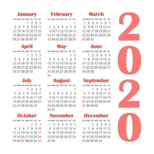 Kalendář 2020 Rok Šablona Návrhu Vektoru Barva Anglický Čtvercový Kapesní — Stockový vektor