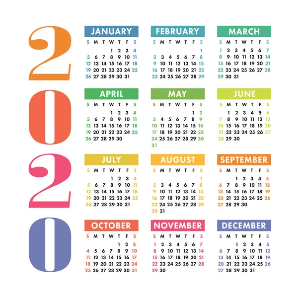 Calendário 2020 ano. Modelo de design vetorial. Inglês colorido squ — Vetor de Stock