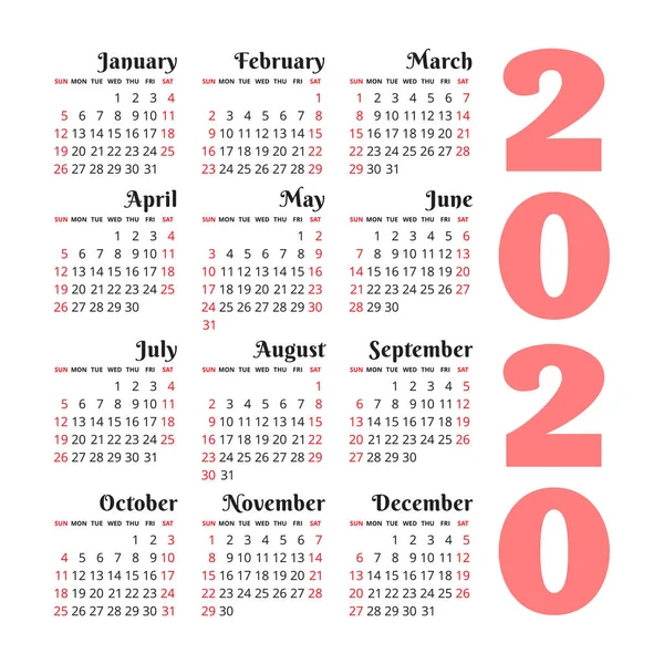 Календарь 2020 года. Шаблон векторного дизайна. Цвет английского квадрата — стоковый вектор