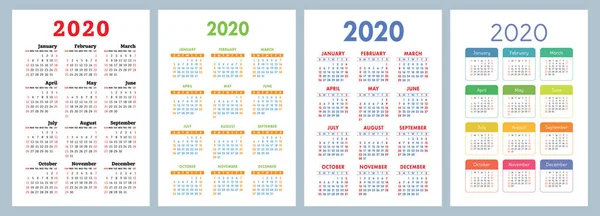 Calendario 2020. Plantilla vectorial. Colorido calendario inglés. Semana. — Vector de stock