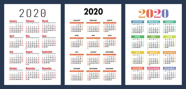 Kalendář 2020. Barevná sada. Týden začíná v neděli. Základní mřížka. — Stockový vektor