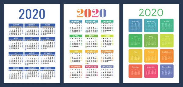 Ημερολόγιο 2020. Πολύχρωμο σύνολο. Η εβδομάδα αρχίζει την Κυριακή. Βασικό πλέγμα. — Διανυσματικό Αρχείο