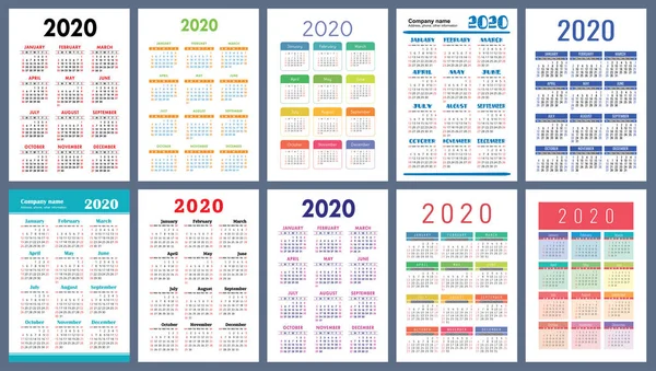 Calendário 2020. Conjunto colorido. A semana começa no domingo. Rede de base . — Vetor de Stock