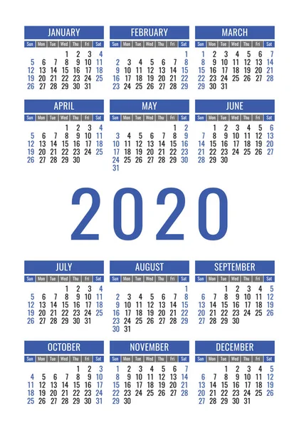Kalender 2020 jaar. Vector ontwerp sjabloon. Engels verticaal poc — Stockvector