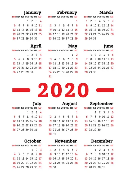 Kalender 2020 jaar. Vector ontwerp sjabloon. Engels verticaal poc — Stockvector