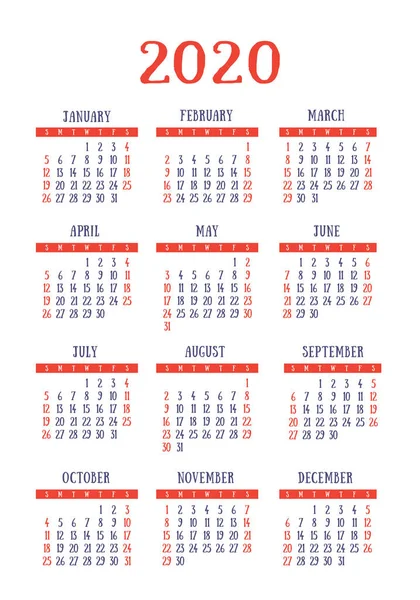 Calendar 2020 year. Vector design template. English vertical poc — Stok Vektör