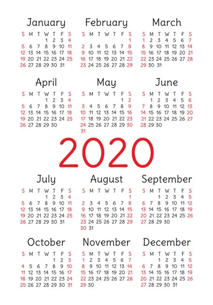 Kalender 2020 jaar. Vector ontwerp sjabloon. Week begint op Sunda — Stockvector