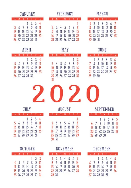 Calendar 2020 year. Vector design template. English vertical poc — Stok Vektör