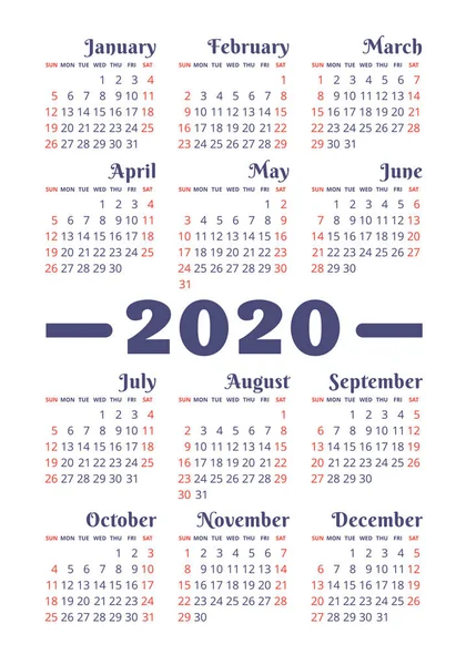 Calendar 2020 year. Vector design template. English vertical poc — Stok Vektör