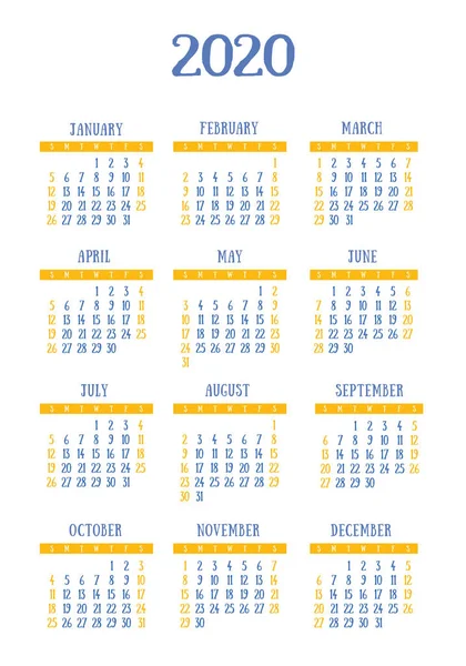 Calendario 2020 año. Plantilla de diseño vectorial. Inglés vertical poc — Vector de stock