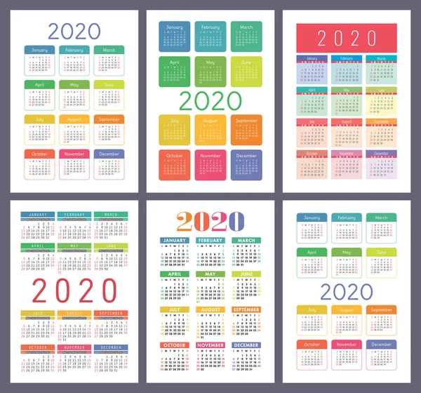 Ημερολόγιο 2020 Συλλογή Διανυσματικών Προτύπων Πολύχρωμο Αγγλικό Σετ Calender Τσέπης — Διανυσματικό Αρχείο