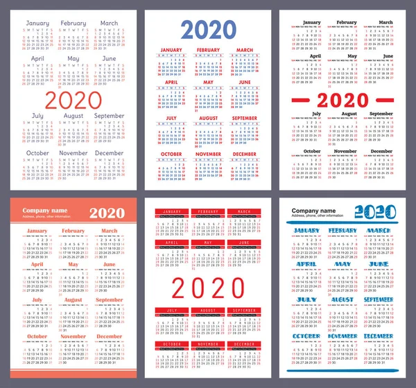 Calendario 2020 Año Colección Plantillas Vectoriales Color Conjunto Calendario Bolsillo — Vector de stock