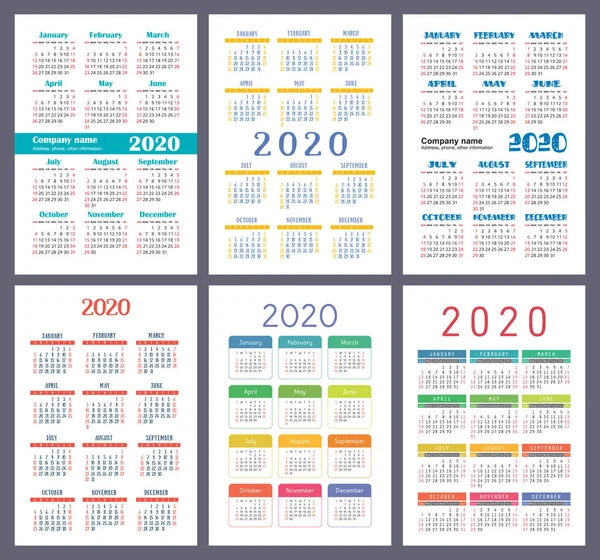 Kalender 2020 Vectorsjabloon Verzameling Nieuwjaar Kleurrijke Engelse Zakkalender Set Week — Stockvector
