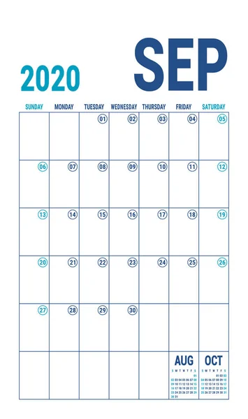 September 2020 Calendar Blue Color Planner English Calender Template Color — 스톡 벡터