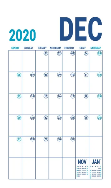 Календар Грудня 2020 Року Блакитний Кольоровий Планувальник Англійський Шаблон Календаря — стоковий вектор