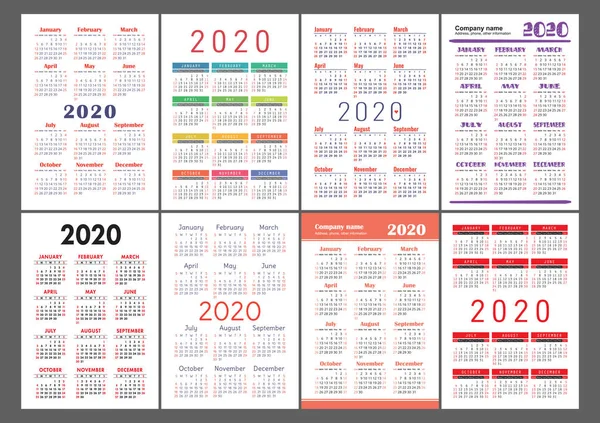 Calendario 2020 Año Colección Plantillas Vectoriales Colorido Conjunto Calendario Bolsillo — Vector de stock