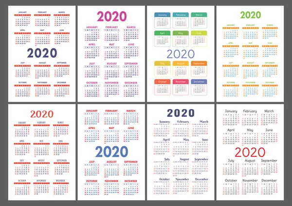Kalender 2020 Jaar Vectorsjabloon Verzameling Kleurrijke Engelse Zakkalender Set Week — Stockvector