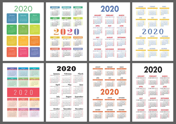 Calendario 2020 Anno Collezione Modelli Vettoriali Colorato Set Calendario Tascabile — Vettoriale Stock