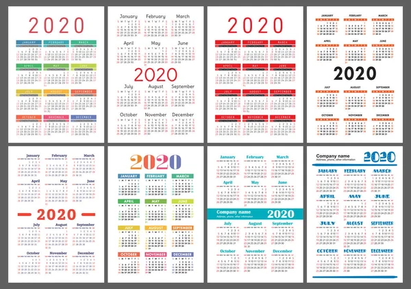 Calendario 2020 Anno Collezione Modelli Vettoriali Colorato Set Calendario Tascabile — Vettoriale Stock