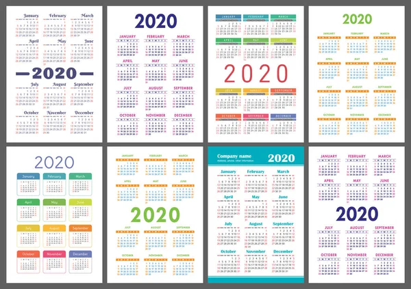 Calendario 2020 Año Colección Plantillas Vectoriales Colorido Conjunto Calendario Bolsillo — Vector de stock