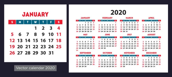 Calendário 2020 Vetor Bolso Grade Básica Modelo Design Simples Calandra — Vetor de Stock