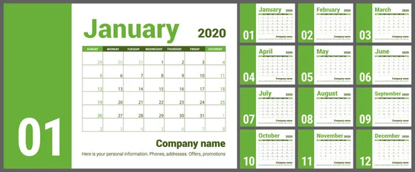 Календарь 2020 Английский Календарь Шаблон Цветового Вектора Неделя Начинается Воскресенье — стоковый вектор
