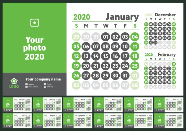 Календарь 2020 Английский Календарь Шаблон Вектора Зеленого Цвета Неделя Начинается — стоковый вектор