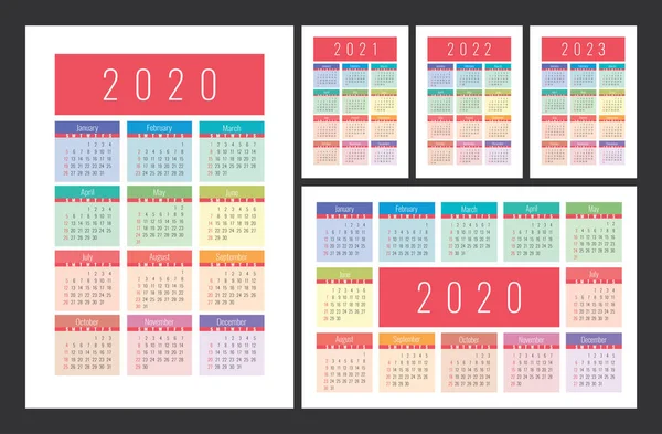 カレンダー2020年 2021年 2022年 2023年 英語のカラーベクトルセット 垂直および水平壁またはポケットカレンダーテンプレート カラフルな大きなデザインコレクション 新年だ週は日曜日から始まる — ストックベクタ