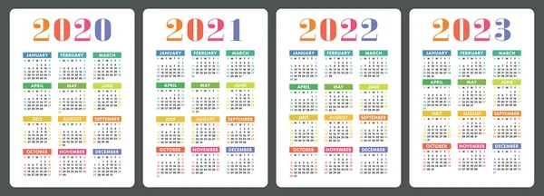 Calendario 2020 2021 2022 2023 Set Vettore Colorato Inglese Modello — Vettoriale Stock