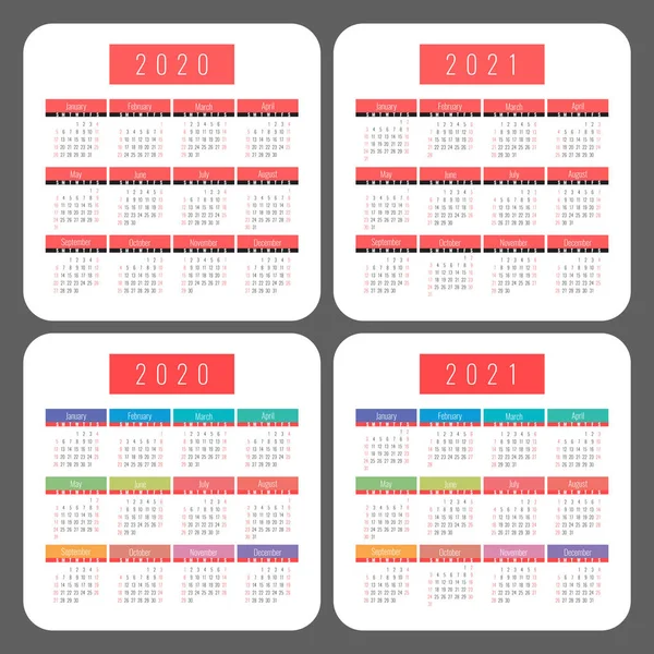 Calendario 2020 2021 Plantilla Diseño Calendario Vector Cuadrado Colección Colores — Vector de stock