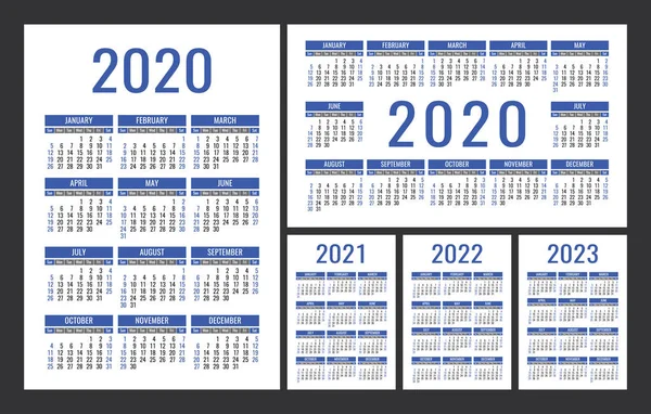 Kalender 2020 2021 2022 2023 Engelse Kleur Vector Set Verticale — Stockvector
