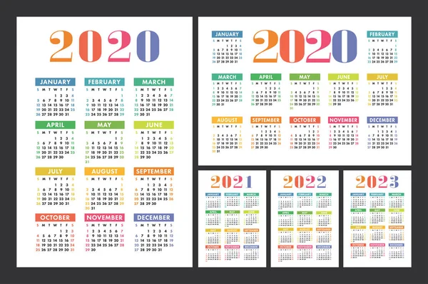 Calendario 2020 2021 2022 2023 Juego Vectores Color Inglés Plantilla — Vector de stock