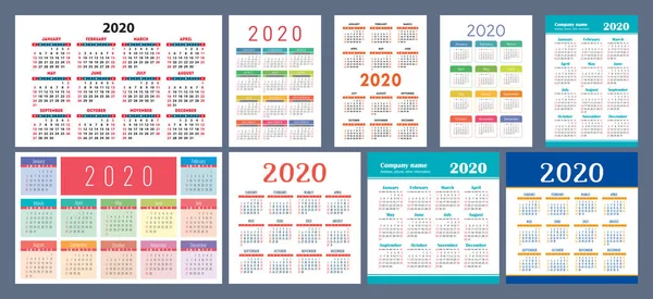 2020年日历模板 日历设计套件 矢量正方形 水平和垂直布局 色彩斑斓的英语选集 星期日开始一周 — 图库矢量图片