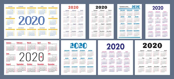 Πρότυπο Ημερολογίου 2020 Σετ Σχεδιασμού Ημερολογίου Διανυσματικό Τετράγωνο Οριζόντια Και — Διανυσματικό Αρχείο