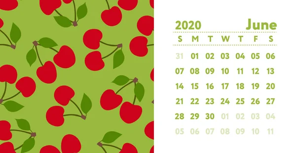 Calendrier 2020 Mois Juin Calandre Murale Vectorielle Anglaise Cerise Motif — Image vectorielle