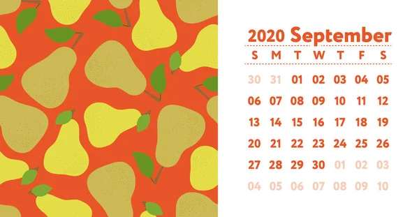 Calendar 2020 September Month Vector English Wall Calender Pear Seamless — Stock Vector