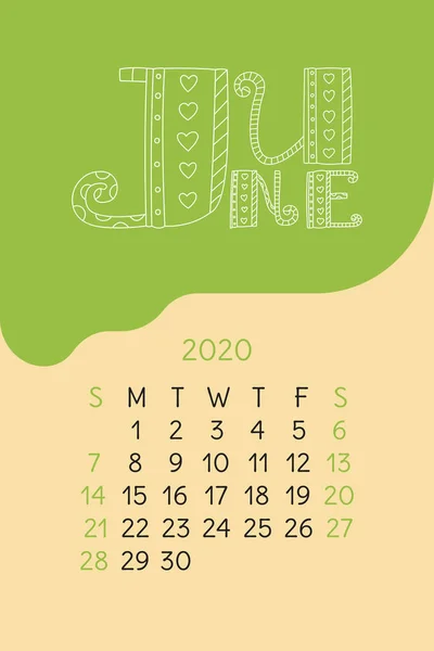 Kalender Van Juni 2020 Kleurrijke Kalender Vector Hand Getekend Ontwerp — Stockvector