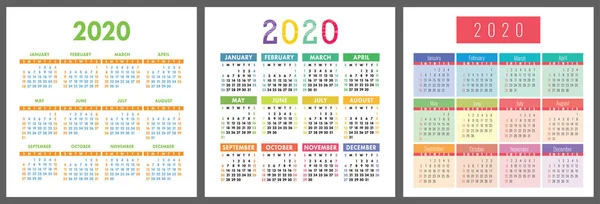 Calendario 2020 Año Plantilla Diseño Calendario Vectorial Vertical Conjunto Colorido — Vector de stock